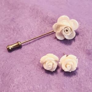 Vintage Porcelain Rose Earrings and Stick Pin